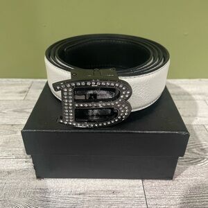 Black and White Belt with Rhinestone Buckle leather one size fit all